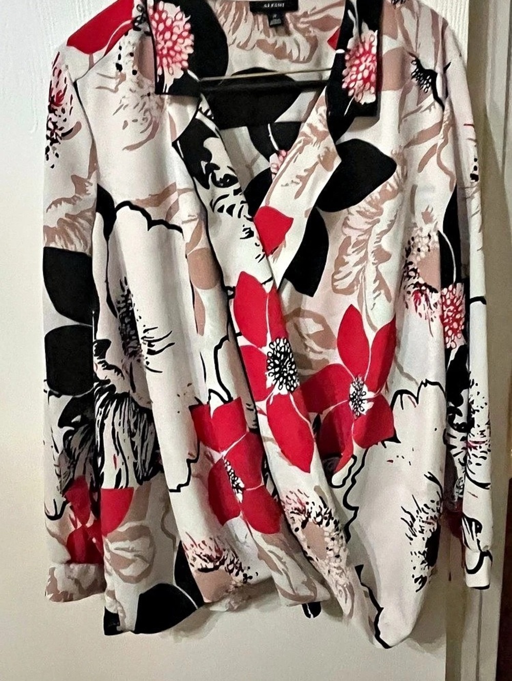 Alfani Printed Faux Wrap Top Floral Blouse in White & Red